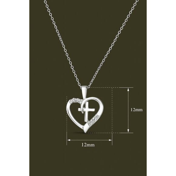 Diamond Heart Cross Necklace Sterling Silver Lab Grown Diamond Pendant Religious - Picture 2 of 5